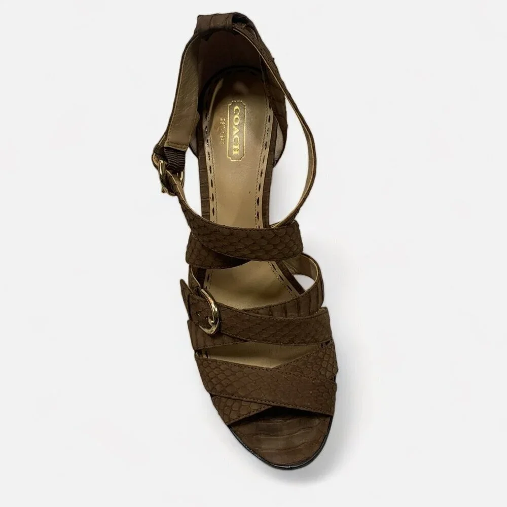 COACH Fawn Strappy Sandals Stiletto Heel Brown Snakeskin Print Leather Sz 9.5 B